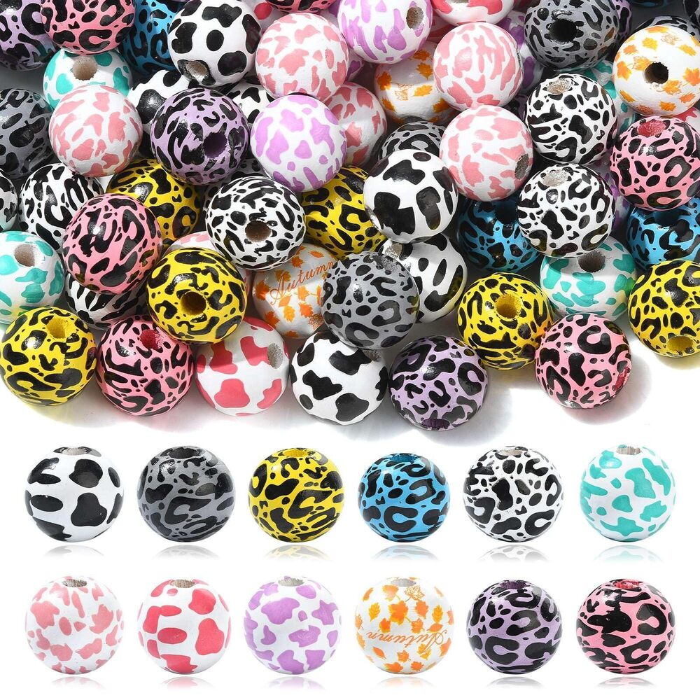 4642 100pcs Farm Theme Wood Round Loose Beads Cow Leopard Print Wood